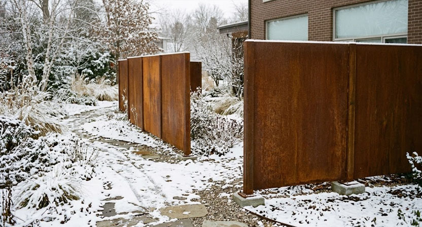 Eine Reihe von Sichtschutzwänden aus Cortenstahl in einem winterlichen Garten mit Schneeresten am Boden, die Wände zeigen eine fortgeschrittene, teils noch ungleichmäßige Rostpatina.