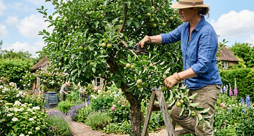 Ein Obstbaum mit vollem Blattwerk im Sommergarten, an dem ein Ast mit einer Gartenschere entfernt wird