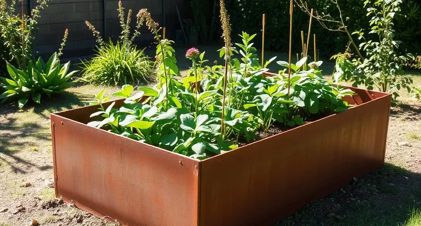 Ein Hochbeet an einem sonnigen Platz im Garten, mit direktem Sonnenlicht auf den Pflanzen. Fokus auf Licht und Schatten, gesundes Pflanzenwachstum, Tagesaufnahme.
