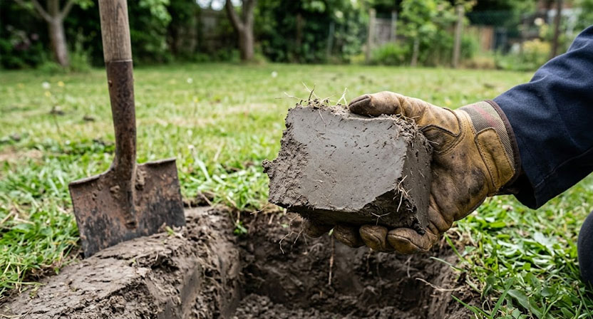 Eine Hand hält ein ausgestochenes Stück grauen, verdichteten Rasenbodens ohne erkennbare Krümelstruktur über einer Spatenschaufel