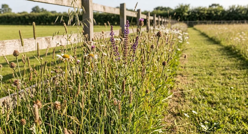 Ein schmaler, ungemähter Streifen mit hohen Gräsern und Stängeln steht am Rand einer frisch gemähten Wildblumenwiese entlang eines Zauns