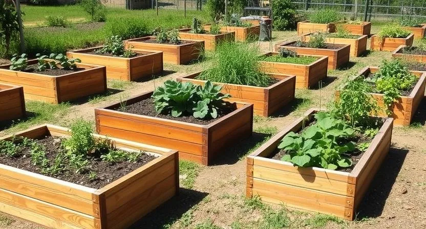 Mehrere standardgroße Hochbeete aus Holz, in einer Reihe in einem Gemüsegarten angeordnet, mit verschiedenen Pflanzen in jedem Beet. Sonniger Tag, Weitwinkelaufnahme.