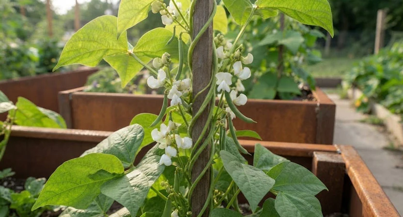 Nahaufnahme weißer Bohnenblüten und junger Hülsenansätze an einem windenden Trieb der Stangenbohne im Hochbeet