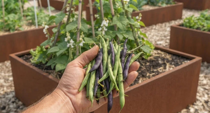 Eine Hand hält frisch geerntete grüne und violette Bohnenschoten vor einem Hochbeet mit sichtbarem Rankgerüst im Hintergrund