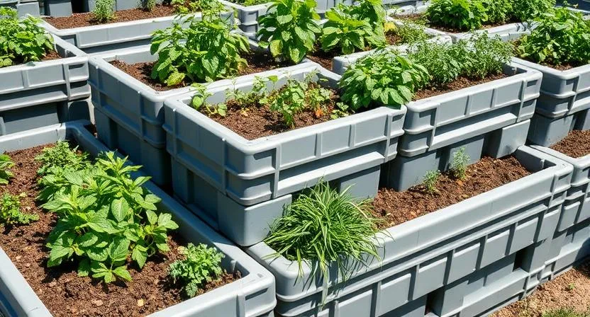 Ein stapelbares Hochbeet-System aus Kunststoffmodulen, mit verschiedenen Ebenen, die mit Kräutern und kleinen Gemüsepflanzen bepflanzt sind. Helles Tageslicht, Nahaufnahme.