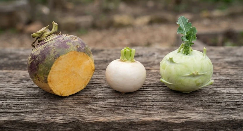 Drei Wurzelgemüse auf einem verwitterten Holzbrett: eine große Steckrübe mit gelbem Fleisch und violett-grüner Schulter, eine kleine runde weiße Mairübe und ein Kohlrabi mit der Knolle deutlich über der Wurzel