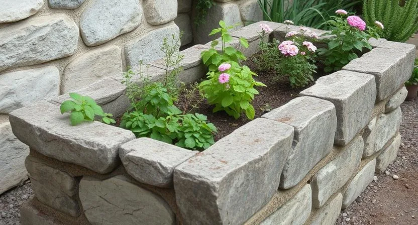 Ein rustikales Hochbeet aus Natursteinen oder Betonblöcken, bepflanzt mit Kräutern und Blumen. Natürlicher, erdiger Look, weiches Licht, mittlere Aufnahme.
