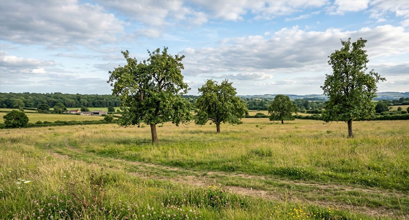 Mehrere hochstämmige Obstbäume mit deutlichem Abstand zueinander stehen verstreut auf einer weitläufigen, extensiv gepflegten Wiese