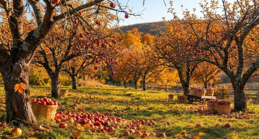 Herbstliche Streuobstwiese mit reifen Äpfeln an mehreren Bäumen und vereinzelt abgefallenen Früchten im Gras darunter