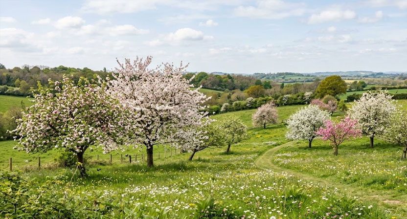 Mehrere blühende Obstbäume unterschiedlicher Sorten mit weiß-rosa Blüten stehen locker verteilt in einer Frühlingswiese