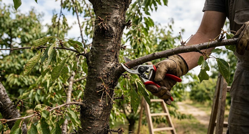 Eine Süßkirsche nach der Ernte, an der ein Ast mit einer scharfen Gartenschere entfernt wird