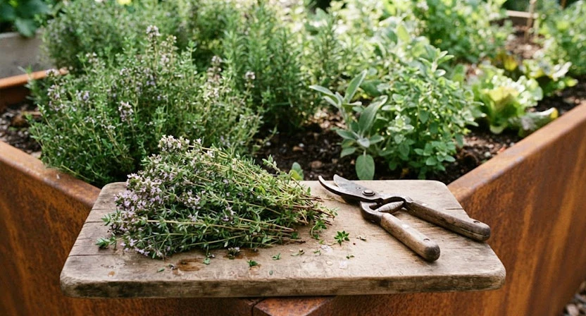 Frisch geschnittene Thymianzweige liegen neben einer Gartenschere auf einem Holzbrett, im Hintergrund der Bestand im Hochbeet