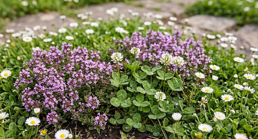 Nahaufnahme eines Kräuterrasens mit blühendem Thymian, weißen Gänseblümchen und kleinblättrigem Weißklee dicht nebeneinander