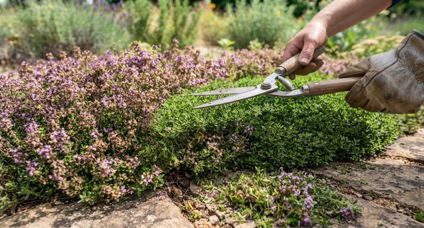 Eine Gartenschere kürzt nach der Blüte die Triebe eines dichten Thymianpolsters um etwa ein Drittel