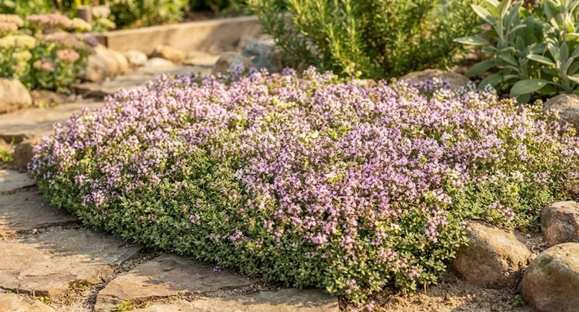 Ein mehrjähriger Thymianbestand hat sich zu einem geschlossenen, niedrigen Polster mit vielen kleinen Blüten entwickelt