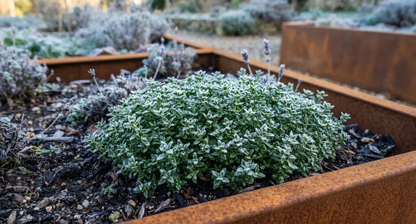 Ein Thymianpolster im Hochbeet zeigt im Winter unter einer dünnen Reifschicht weiterhin grüne, unbeschädigte Blätter