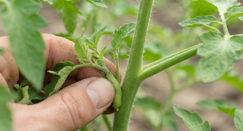 Zwei Finger brechen einen jungen Seitentrieb aus der Blattachsel einer Tomatenpflanze, der Trieb ist etwa daumenlang, Hauptstängel und Blattstiel bilden deutlich die Gabel
