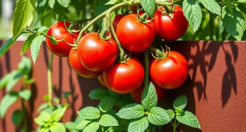 Reife rote Tomaten an der Pflanze in einem Hochbeet, mit üppig grünem Basilikum, das an ihrer Basis wächst. Mischkultur für besseren Geschmack und natürlichen Schädlingsschutz, sonniger Tag, Nahaufnahme.
