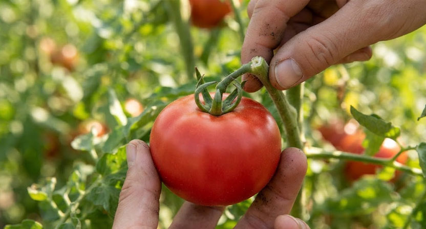Eine Hand pflückt eine reife Tomate so, dass der grüne Kelch und ein kurzes Stielstück an der Frucht bleiben, der Stiel bricht am natürlichen Gelenk