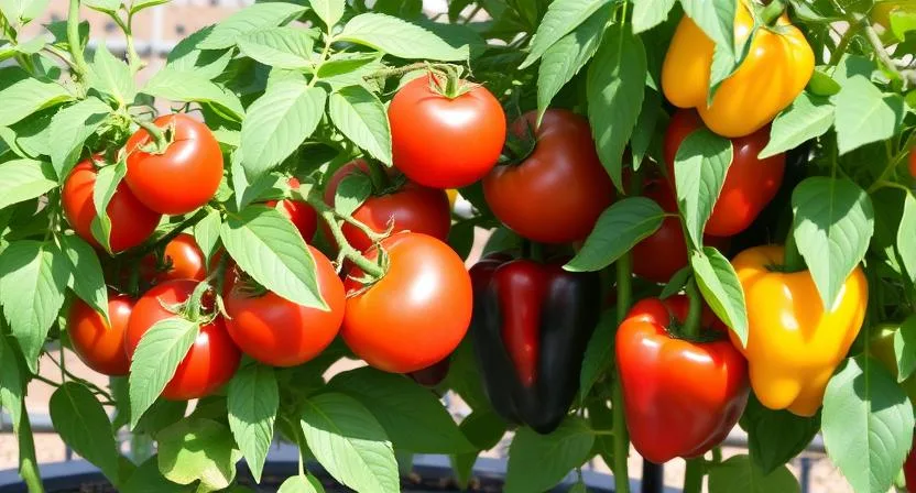 Tomaten- und Paprikapflanzen wachsen Seite an Seite in einem Garten oder Hochbeet, mit reifen roten Tomaten und bunten Paprikaschoten. Gesundes Laub, sonnige Außenumgebung.