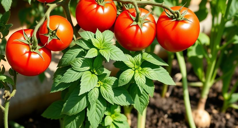 beispiele-fuer-gemuesesorten-die-gut-zusammenpassen - Reife rote Tomaten wachsen an der Pflanze in einem Hochbeet, mit üppigem grünem Basilikum an ihrer Basis und Zwiebeln in der Nähe. Mischkultur für natürlichen Schädlingsschutz und Geschmacksverbesserun