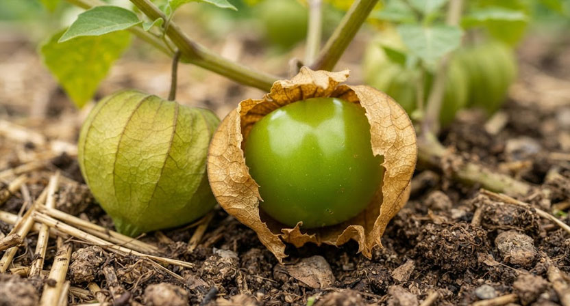 Nahaufnahme einer reifen Tomatillo, deren papierartige Hülle aufgesprungen und braun getrocknet ist, die glatte grüne Frucht füllt sie vollständig aus, eine weitere geschlossene Hülle daneben
