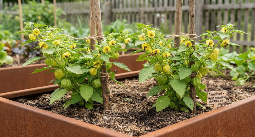 Zwei Tomatillopflanzen wachsen nebeneinander in einem Cortenstahl-Hochbeet, beide angebunden und in Blüte, Bienen auf den gelben Blüten