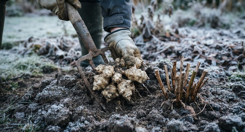 Knollige, blasse Topinamburknollen werden mit einer Grabegabel aus dunkler, kalter Erde gehoben, Frost liegt auf dem Boden, die trockenen Stängel sind kurz abgeschnitten