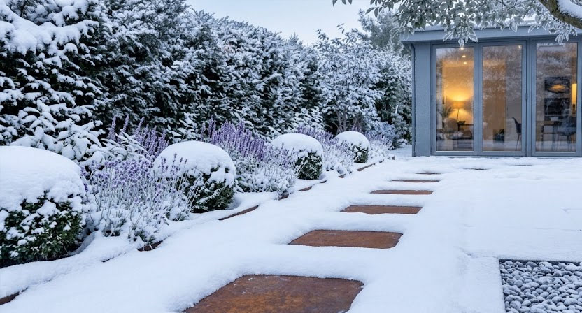 Ein quadratischer Trittstein aus Cortenstahl im Gartenweg, an dessen Rand noch etwas Schnee liegt, während die Oberfläche bereits eine gleichmäßige rotbraune Patina zeigt.