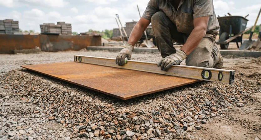 Eine Cortenstahl-Platte wird in ein Splittbett gesetzt und mit der Wasserwaage ausgerichtet