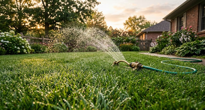 Ein Gartenschlauch mit Rasensprenger bewässert am frühen Morgen eine Rasenfläche, auf der sich Wassertropfen auf den Grashalmen sammeln