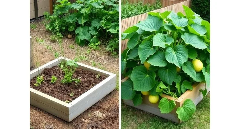 Ein geteiltes Bild, das auf der einen Seite ein kleines Hochbeet mit gedeihendem Gemüse zeigt, und auf der anderen Seite eine sehr große Kürbispflanze, die aus einem ähnlich großen Hochbeet herauswächst, was andeutet, dass dies für so begrenzten Raum nicht ideal ist. Kontrastierende Gartenmethoden, visuelle Metapher.