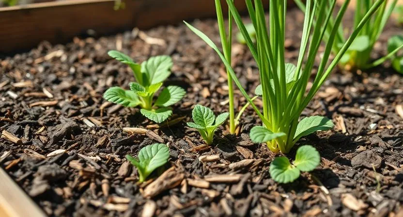Nahaufnahme eines Hochbeets mit Mulch rund um den Boden der Pflanzen, um Unkraut zu unterdrücken. Fokus auf die Mulchtextur und gesunde Pflanzen, Tageslicht.