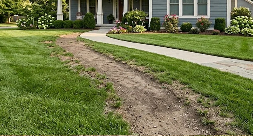 Ein ausgetretener, verdichteter Trampelpfad quer über eine Rasenfläche, an dessen Rändern das Gras deutlich dünner wächst als in der übrigen Fläche
