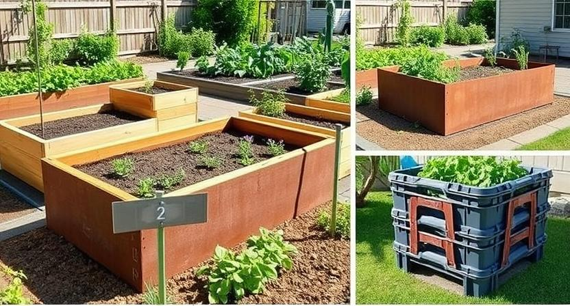 ein-einkaufsratgeber-fuer-hochbeete - Eine Collage, die verschiedene Arten von Hochbeeten zeigt: ein klassisches Holzhochbeet, ein erhöhtes Metallbeet und ein stapelbares Kunststoffbeet – alle in einem Garten mit verschiedenen Pflanzen. Sonniger Tag, Weit