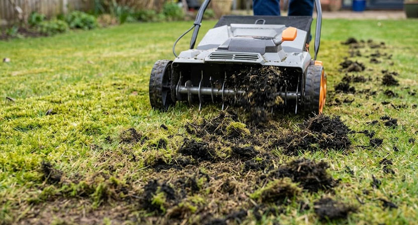 Ein Vertikutierer wird über einen Rasen geführt und entfernt dabei geschwärzte, abgestorbene Moosreste aus der Grasnarbe