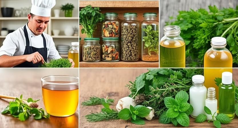 Collage-Fotografie, die die vielfältigen Verwendungsmöglichkeiten von Kräutern zeigt: 1) Ein Koch, der frische Kräuter beim Kochen in der Küche verwendet, 2) Getrocknete Kräuter und Gewürze in Glasgläsern auf einem Regal, 3) Kräutertee, der in eine Tasse gegossen wird, 4) Natürliche Kosmetik und Heilmittel, dekoriert mit frischen Kräutern – eine Darstellung der Vielseitigkeit in kulinarischen und medizinischen Anwendungen.