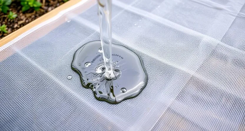 Wasser wird sanft auf das Gartenvlies gegossen, das ein Hochbeet bedeckt. Einige Wassertropfen perlen auf der Oberfläche, während andere Feuchtigkeit sichtbar durch das Vlies sickern. Veranschaulicht die Wasseraufnahme und Durchlässigkeit.