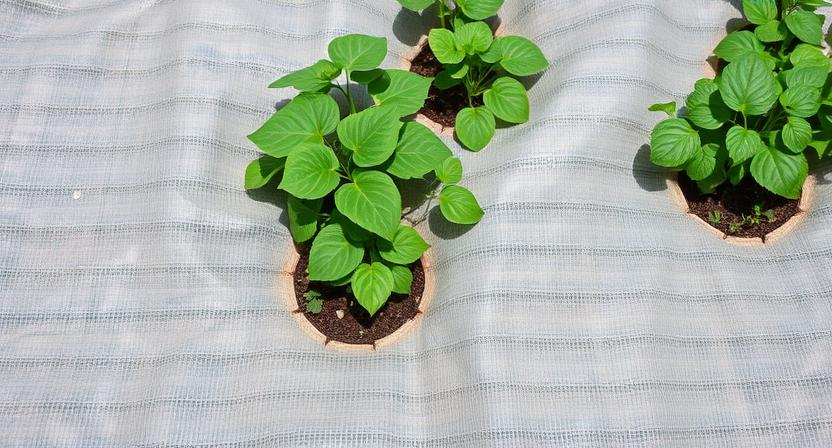warum-vlies-im-hochbeet - Unkrautvlies bedeckt den Boden und verhindert das Wachstum von Unkraut. Die Nutzpflanzen wachsen durch vorgeschnittene Löcher, während der restliche Bereich geschlossen bleibt.
