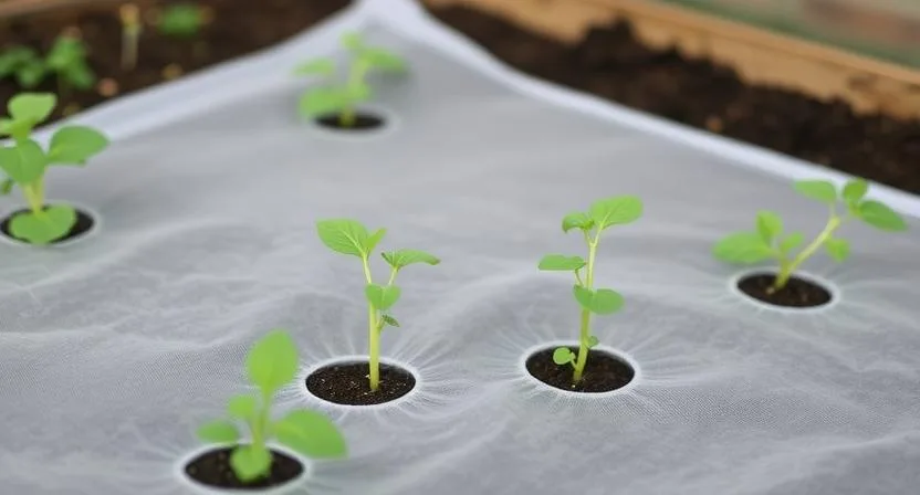 Junge Gemüsepflanzen in einem Hochbeet, das mit Gartenvlies bedeckt ist. Das Vlies liegt am Boden, Pflanzen wachsen durch vorgeschnittene Löcher. Bodenorganismen werden abgehalten.