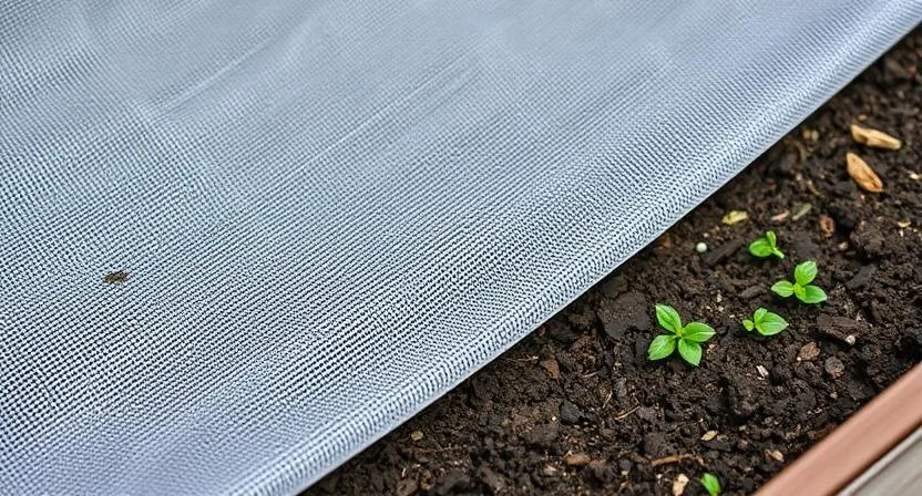 Nahaufnahme von Gartenvlies, das den Boden in einem Hochbeet bedeckt. Kein Unkraut wächst durch das Vlies, während auf dem unbedeckten Boden daneben kleine Unkräuter sichtbar sind. Veranschaulichung der Unkrautprävention.