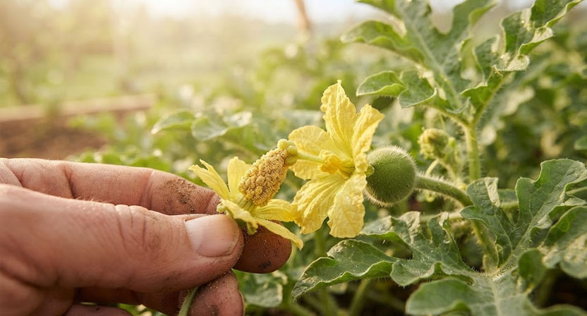 Eine Hand hält eine gepflückte männliche Wassermelonenblüte ohne Blütenblätter und tupft Pollen auf die Narbe einer weiblichen Blüte, dahinter der kleine runde Fruchtansatz