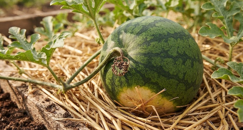 Nahaufnahme einer reifen Wassermelone auf Stroh, an der Ansatzstelle ist die Blattranke vollständig vertrocknet und braun