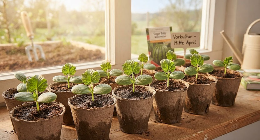 Junge Wassermelonensämlinge in einzelnen Töpfen auf einer hellen Fensterbank, jeweils mit zwei runden Keimblättern und dem ersten rauen Laubblatt