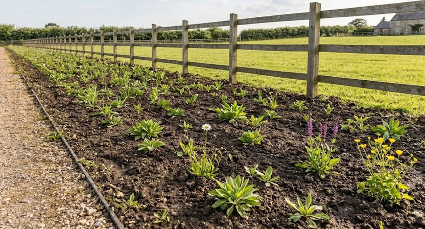 Eine im Frühsommer neu angelegte Wildblumenwiese mit noch niedrigem, lückigem Aufwuchs und ersten vereinzelten Blüten
