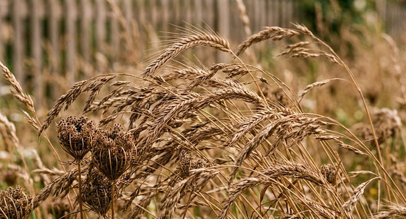 Nahaufnahme brauner, ausgereifter Samenstände von Wiesenblumen und Gräsern, die im Wind leicht überhängen
