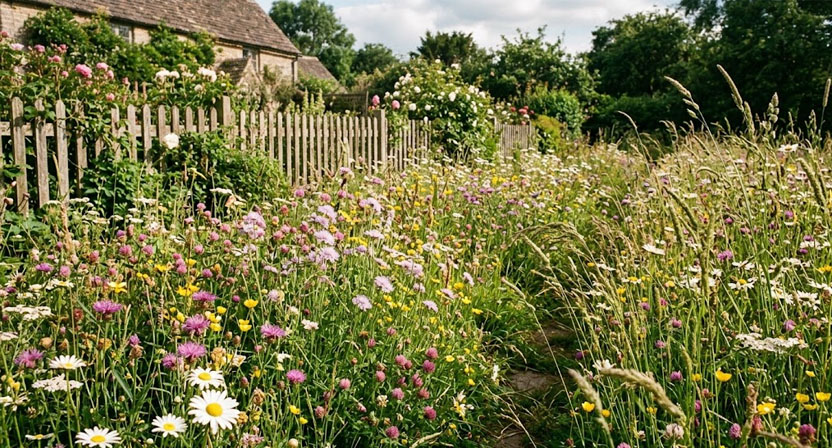 Eine hoch gewachsene Wildblumenwiese mit zahlreichen blühenden Kräutern und Gräsern steht kurz vor dem sommerlichen Schnitt, im Hintergrund ein Gartenzaun