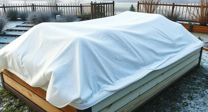 Ein Hochbeet, das mit einem weißen Vlies oder einer schützenden Abdeckung bedeckt ist, um die Pflanzen im Winter zu schützen. Frostiger Morgen, Garten im Winter, mittlere Aufnahme.