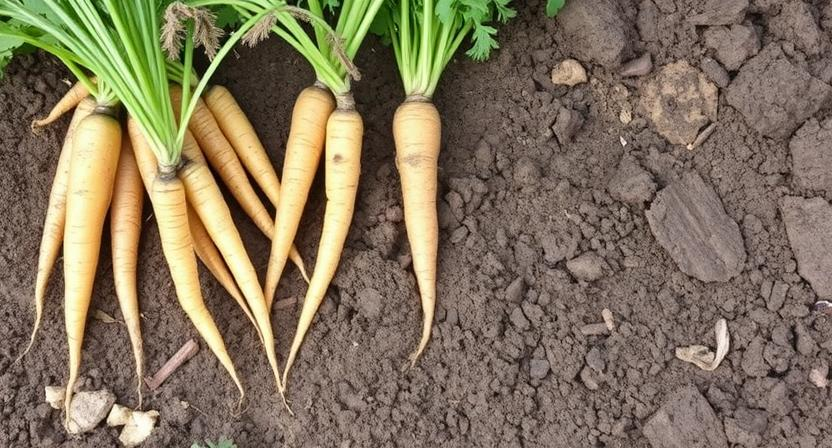 Lange Karotten oder Pastinaken werden aus einem traditionellen Gartenbeet mit tiefem, lockerem Boden geerntet. Deutet darauf hin, dass die Bodenstruktur in einem neuen Hochbeet im ersten Jahr möglicherweise nicht ideal für tiefwurzelnde Pflanzen ist