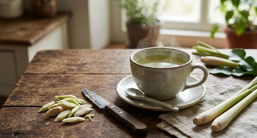 Geschnittene Zitronengrasstücke liegen neben einer dampfenden Teetasse und einem Küchenmesser auf einem Holztisch